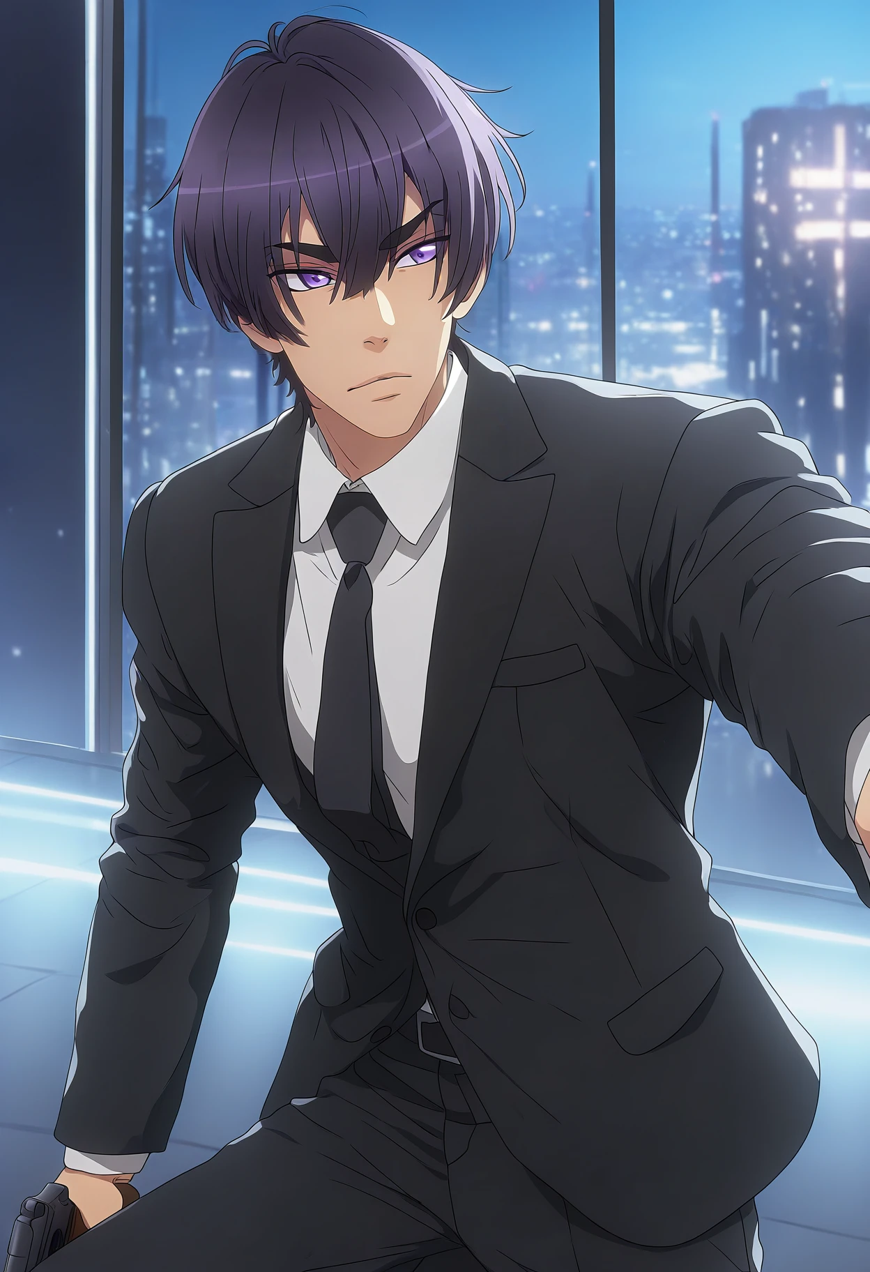 masterpiece, best quality, 1boy, solo, <lora:NSIchijoRyomaLoveStage:1> NSIchijoLuvStaig, black hair, purple eyes, hair between eyes, black t-shirt, white shirt, collared shirt, black necktie, black pants, sneaking, formal, black jacket, night, holding gun