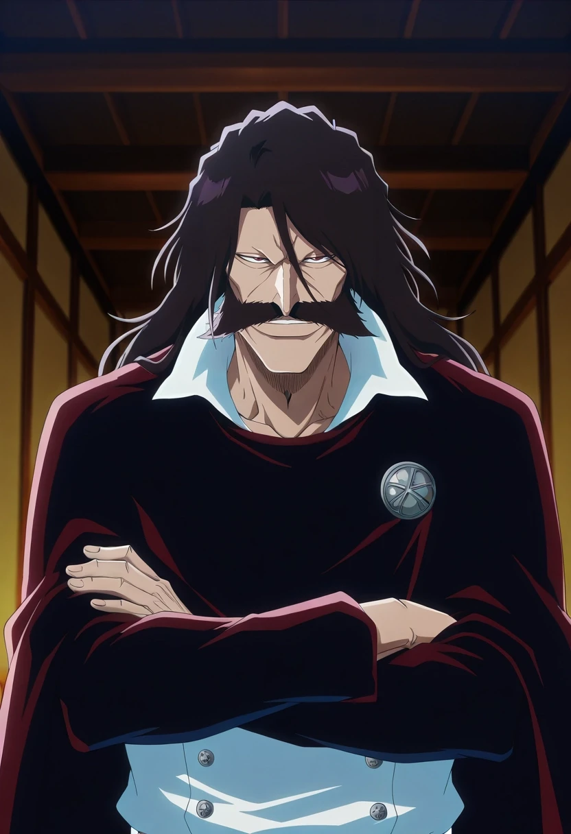 masterpiece, best quality, intricate details, anime screencap, , official style, , , 1boy, solo, male focus, <lora:yhwach_bleach_ilxl:0.96>, yhwach_bleach, black hair, red eyes, facial hair, long hair, mustache, beard, cape, straight-on, fuji mountain, indoors, crossed arms, smirk,