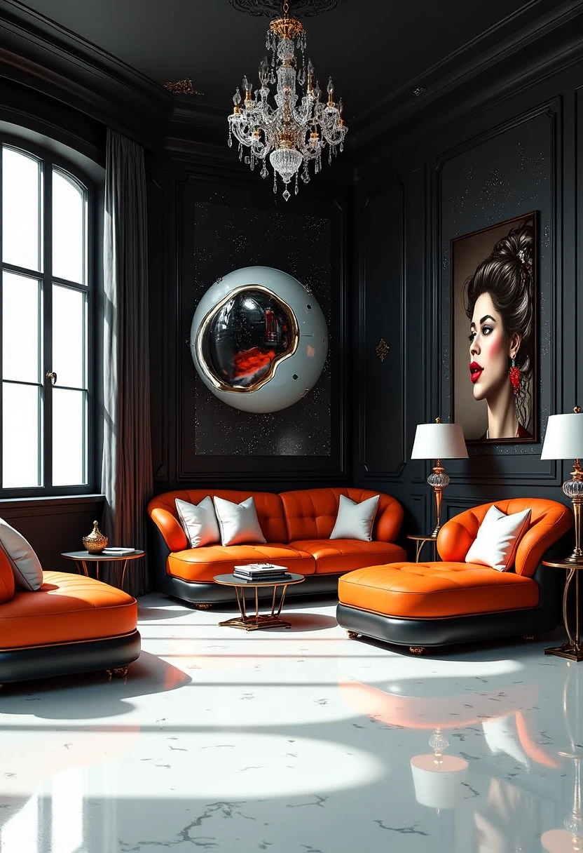 YFG-Zaat In a noir-inspired digital illustration style emphasizing bold contrasts and stark lighting, a sleek black living room with vibrant orange couches, white accents, a chandelier, large window with flowing curtains, a futuristic space-themed wall art, elegant side tables with lamps, an ornate framed portrait of a woman with red lips, dark patterned wallpaper, and glossy white floor reflecting the room's elements creates a striking visual contrast,