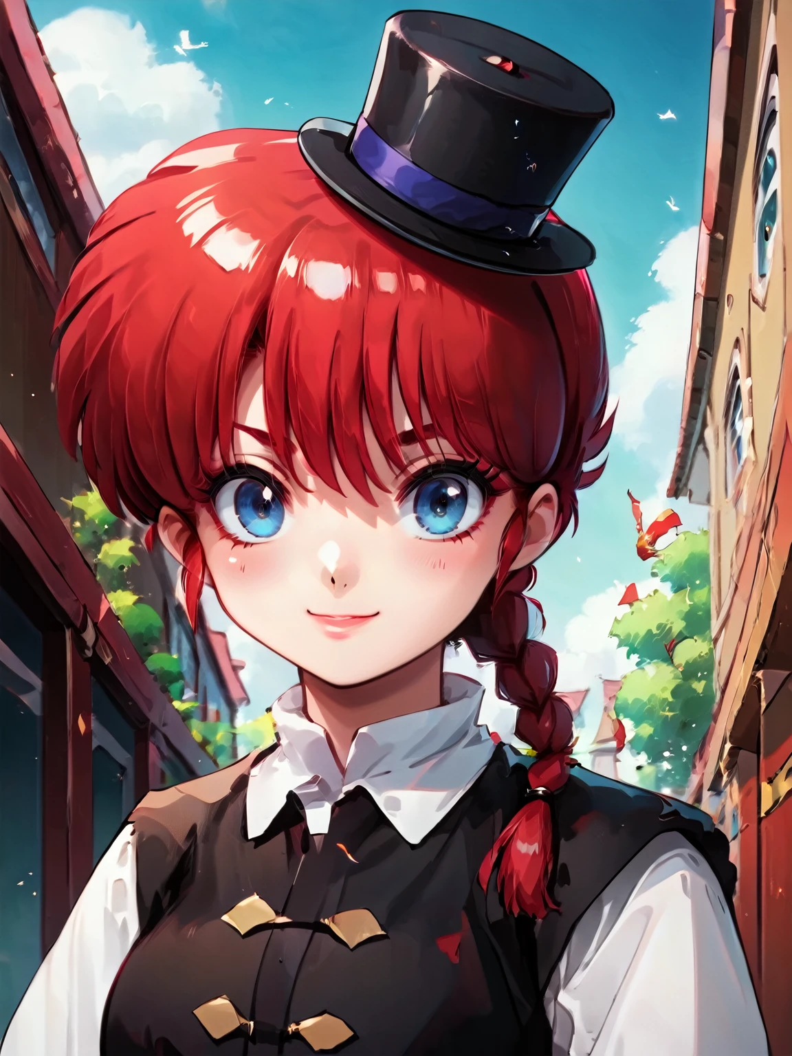 score_9, score_8_up, score_7_up, score_6_up, source_anime, anime screencap, ranma, red hair, 1girl, solo, blue eyes, braided ponytail, (tophat:1.5), top hat, hat, mini hat, mini top hat, hat feather, outdoors, library, blush, light smile, (portrait), detailed background, Hyperdetailed, Extreme Detail, 4K Resolution, Masterpiece, Best Quality <lora:Top_Hat_-_RealmRabbit:1> <lora:RanmaXLP:1>