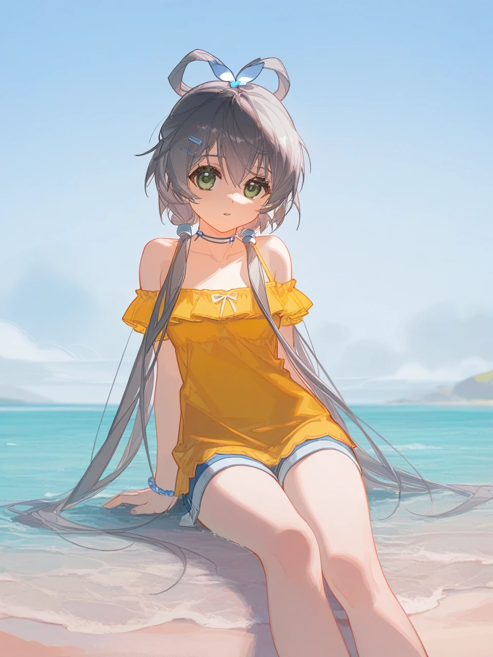 luo tianyi,1girl,masterpiece,high quality,best quality,beautiful,beach,artist:ciloranko,sitting down