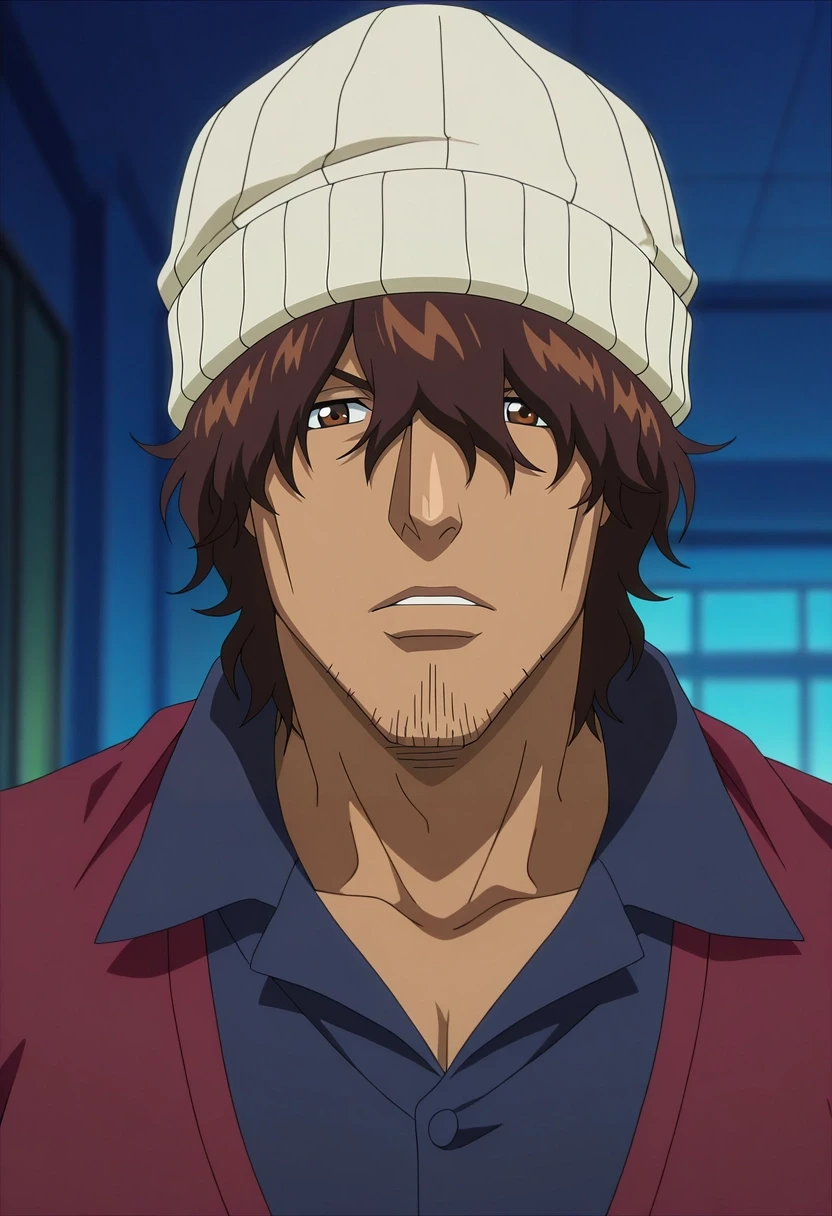 masterpiece, best quality, , anime screencap, anime coloring, official style, looking at viewer, , 1boy, solo, male focus, <lora:yasutora_sado_ilxl:0.96>, yasutora_sado, brown hair, brown eyes, short hair, , facial hair, stubble, hair over eyes, , , beanie