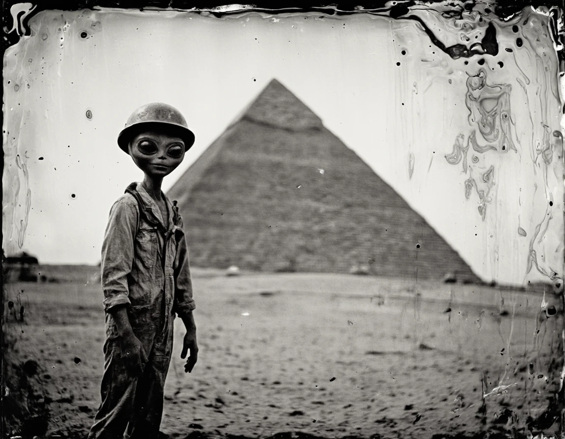 wetplatecollodion photo of the great pyramid at Giza, an alien dressed as a construction worker smiles to the viewer,
border, swirls, washed out