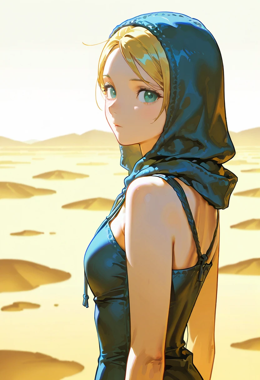 1girl,solo,looking at viewer,ikeda ruriko, desert,ehm dress, hood,sleeveless, marcille_donato