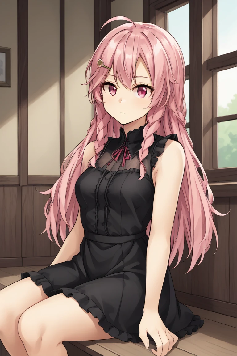 1girl, solo, rubinaap, pink hair, long hair, twin braids, hairclip, ahoge, pink eyes, black dress, sleeveless, frills, indoors, window, sitting, expressionless, stoic