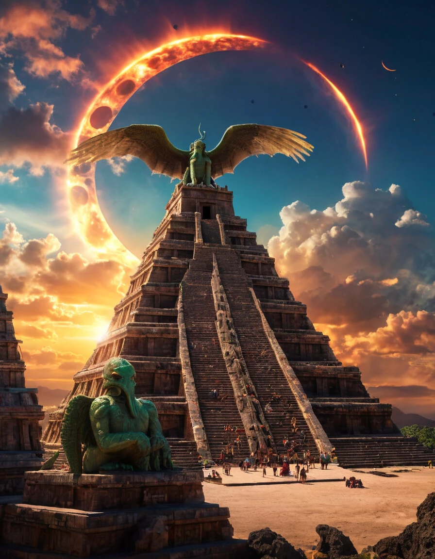 a massive wrathful angel sits on top of a giant fantasy Mayan stepped pyramid, during the solar eclipse, a conjunction of planets unleashes the portals to the underworld releasing a cthonic creature out of a portal in the  sky, solar eclipse, uhd 8k hyper-realistic, colorful, intricate detail, fantasy, horror fantasy, in the style of the  cthulhu mythos and akira kurosawa, <lora:detailed_notrigger:1>,  <lora:SDXLFaeTastic2400:.35>, <lora:Vivid Midjourney mimic - XL SDXL v2.0:.8>, <lora:Into_Darkness:1>,