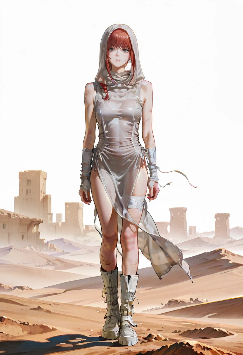 1girl,solo,looking at viewer,ikeda ruriko, desert,tr dress, see-through, hood, hood up, boots, white footwear, bandages, makima_(chainsaw_man)