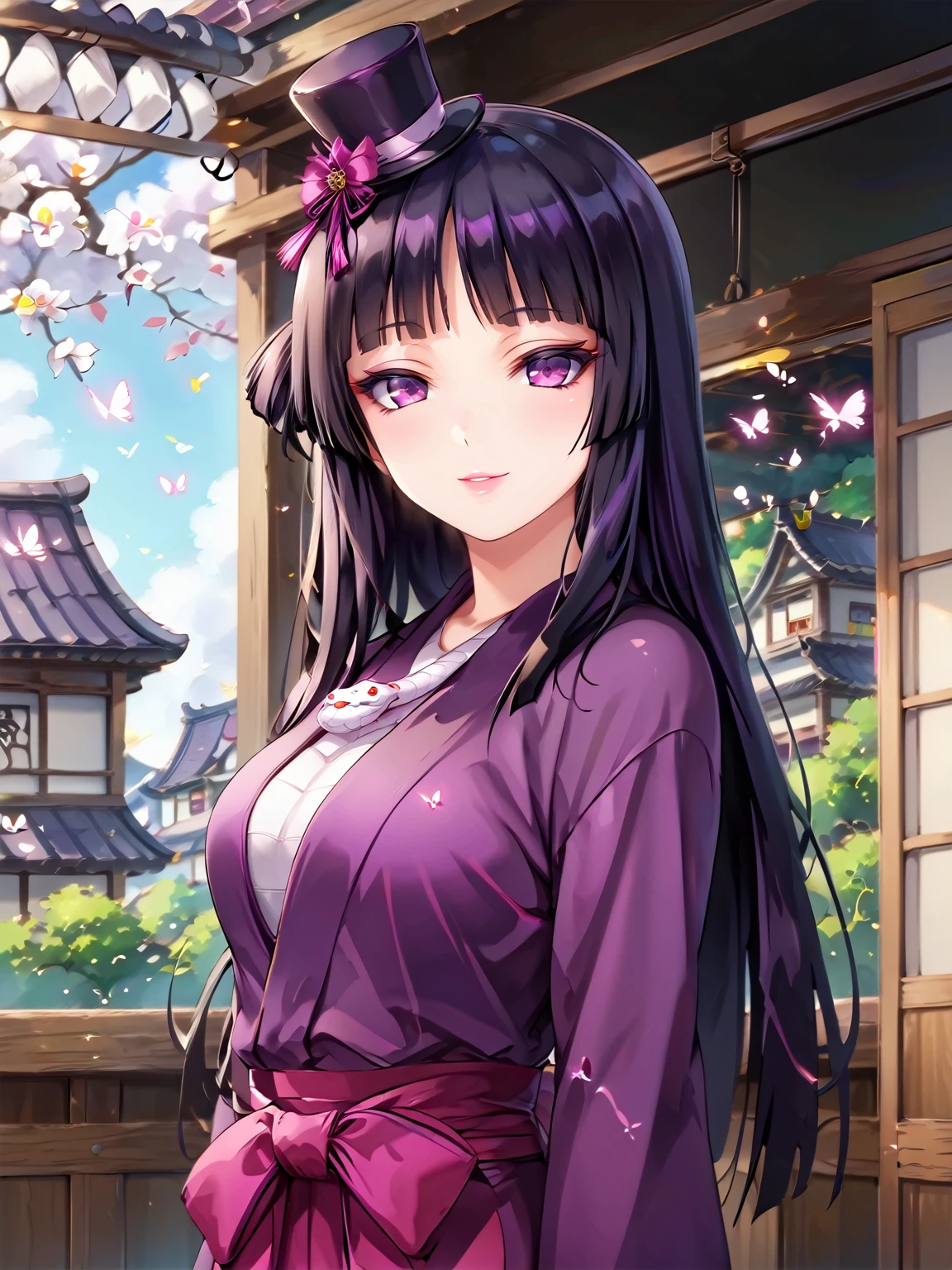 score_9, score_8_up, score_7_up, score_6_up, source_anime, anime screencap, Hotarubi, 1girl, black hair, long hair, hime cut, bangs, blunt bangs, purple eyes, makeup, lips, breasts, medium breasts, japanese clothes, purple kimono, kimono, sandals, bug, butterfly, snake, white snake, small snake, tophat, top hat, hat, mini hat, mini top hat, hat feather, indoors, village, blush, light smile, (portrait), detailed background, Hyperdetailed, Extreme Detail, 4K Resolution, Masterpiece, Best Quality <lora:Top_Hat_-_RealmRabbit:1> <lora:Hotarubi_from_Basilisk_-_RealmRabbit:1>