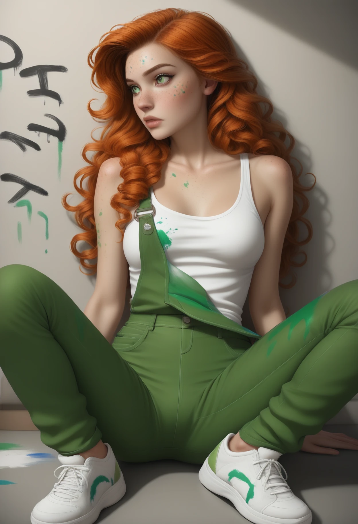 ((masterpiece, best quality, absurdres)),
1girl, solo, green overalls, white tank top, white sneakers, paint splatter on clothes, artist painter, wall, paint,
 <lora:Dark_Erin_Illust_v1:0.7> d4rk3r1n, orange hair, green eyes,