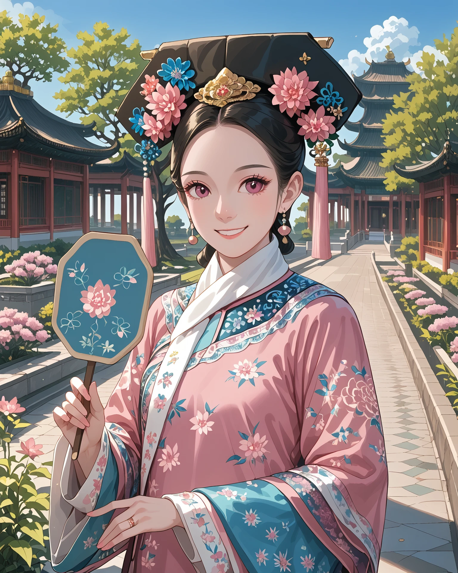 1girl, qingfa, (qingfa scarf:1,1),  pink clothing, blue accents, garden, holding a fan, chinese building exterior, light_smile, intricate patterned fabric, brocade, jacquard fabric, masterpiece, highest quality, absurdres, digital art, very detailed, score_9, score_8_up, score_7_up,  <lora:QingFashion_XL_V3:1.1>,  <lora:CMRNM:1> CMRNM