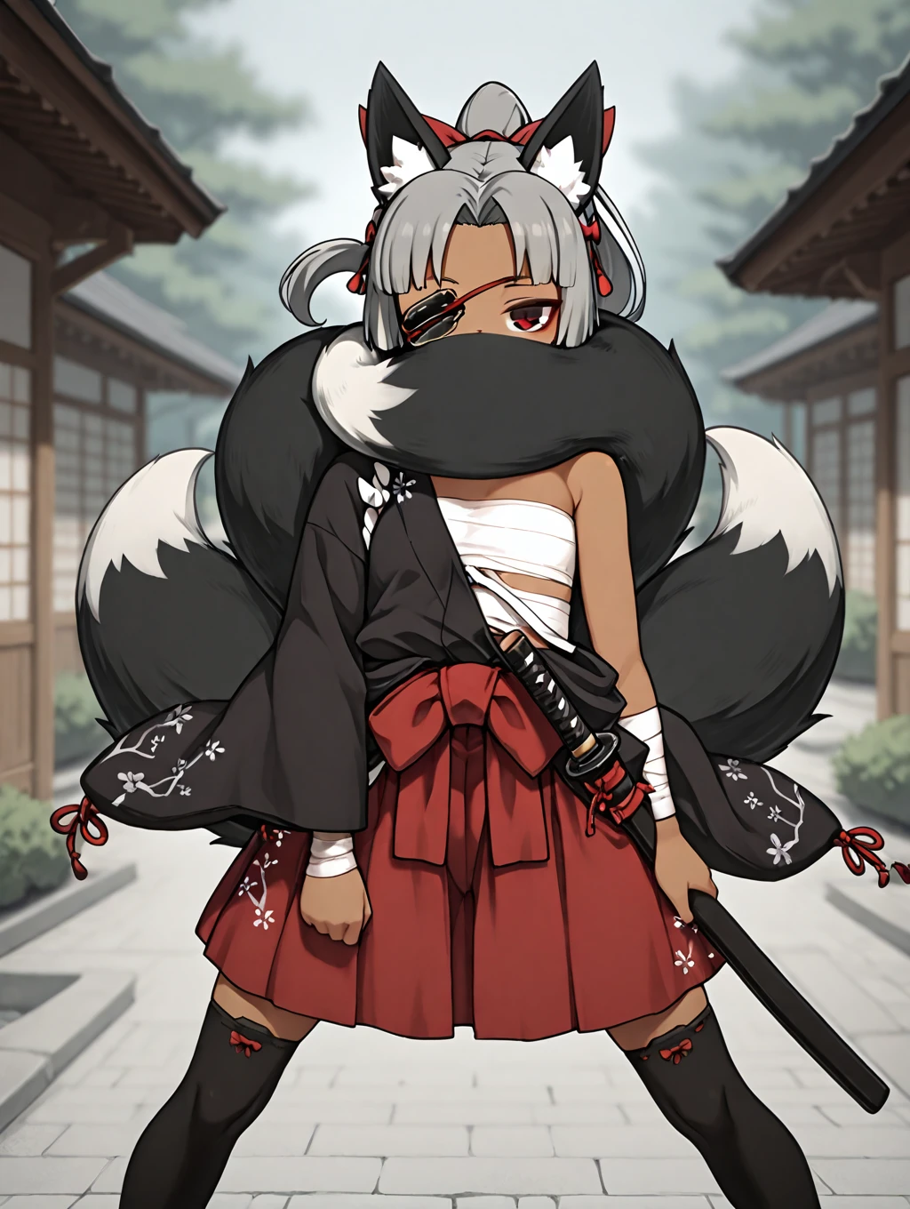 1girl, Izuna, grey hair, high-ponytail, red eyes, black fox ears, black fox tail, 4 tails, dark_skin, eyepatch, bandages, sarashi, red skirt, black toga, black sleeve, hair bow, red bow, tail over mouth, covered mouth, tail around head, black thighhighs, sheath, katana,

expressionless, standing, ((dynamic pose)), outdoors,

masterpiece, best quality,amazing quality, very aesthetic, absurdres, depth of field, blurry background, extremely detailed face, detailed eyes eyes,masterpiece,best quality,amazing quality