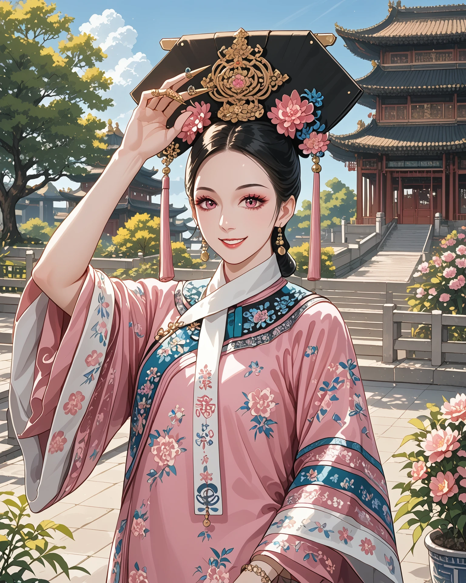 1girl, qingfa, (qingfa scarf:1,1),  pink clothing, blue accents, arm raised, nail-guards, garden, chinese building exterior, light_smile, intricate patterned fabric, brocade, jacquard fabric, masterpiece, highest quality, absurdres, digital art, very detailed, score_9, score_8_up, score_7_up,  <lora:QingFashion_XL_V3:1.1>,