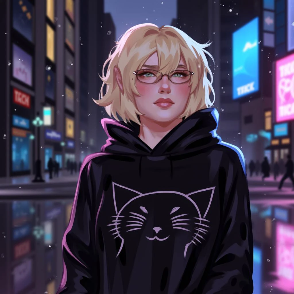 MisaMi \(Artist\), @MisaMi1362540,1 woman with short blonde curly hair, black hoodie with a minimalistic cat design on the front, wearing with eyeliner, background is a street view of Newyork times square at night, neon signs in the background, it is snowing