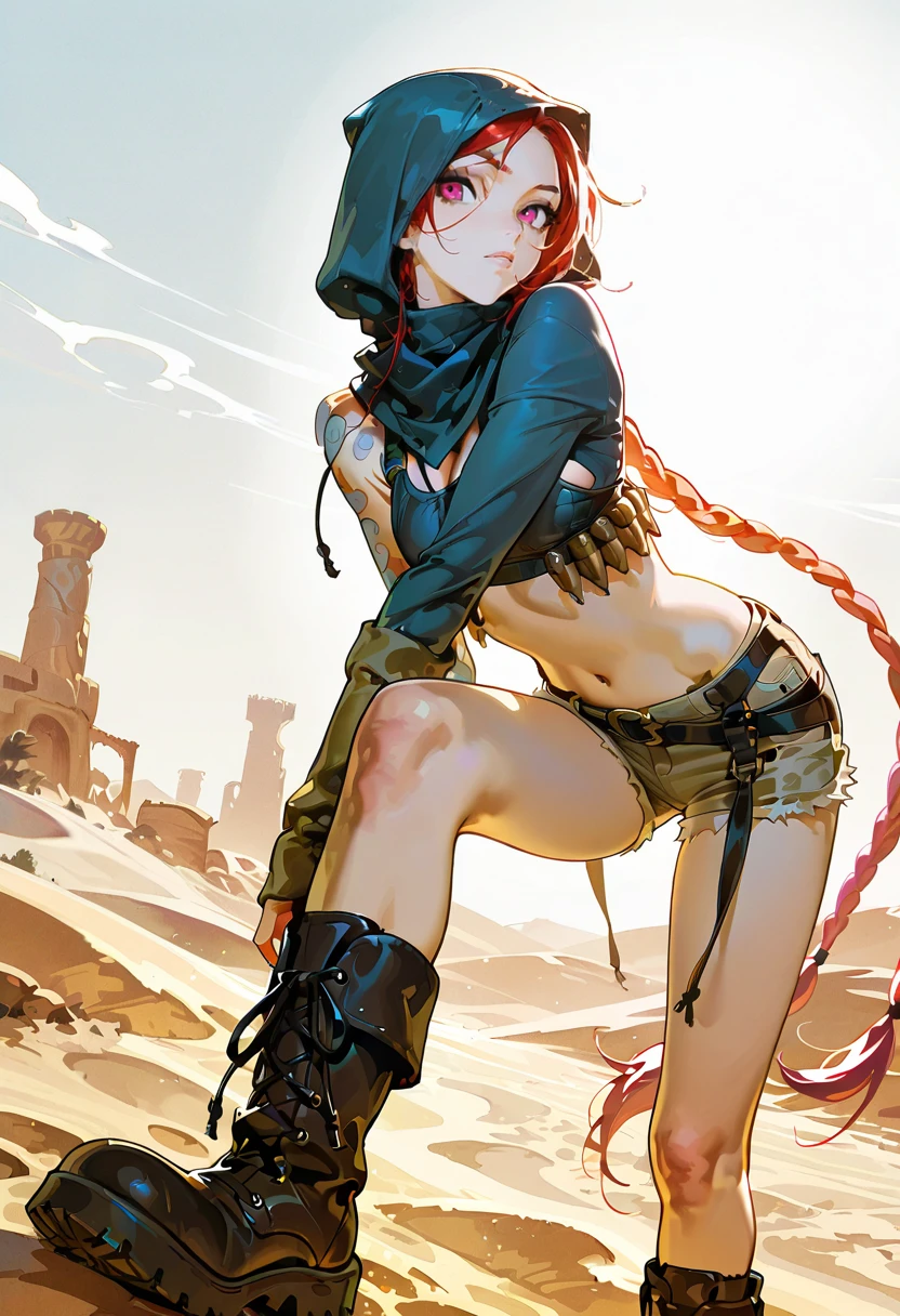 1girl,solo,looking at viewer,ikeda ruriko, desert, hood, boots, shorts, scarf,midriff,jinx_(league_of_legends)