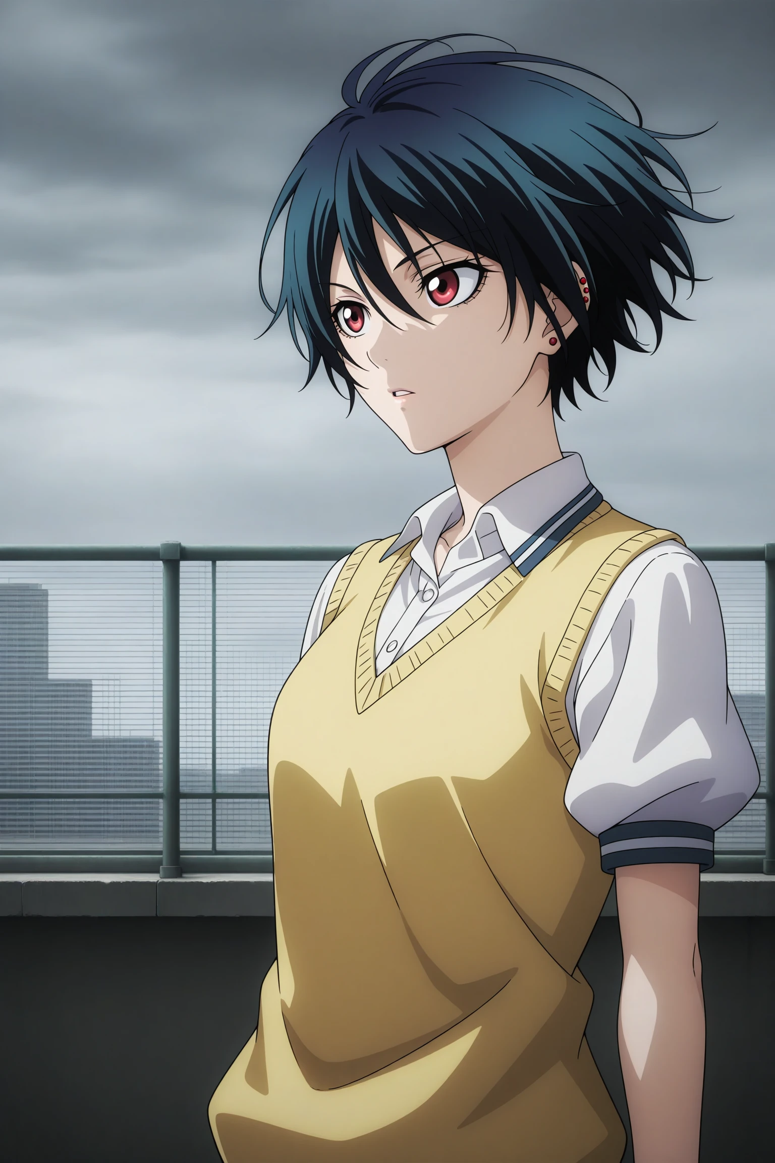 masterpiece, best quality, amazing quality, highres, absurdres, very aesthetic, high resolution, ultra detailed, perfect details, 1girl, solo, outdoors, school, rooftop, (overcast:1.4), kanoe kirie, short hair, blue hair, hair between eyes, red eyes, ear piercing, school uniform, white shirt, collared shirt, yellow sweater vest, untucked shirt, puffy sleeves, short sleeves, black skirt, pleated skirt, red-white footwear, sneakers, <lora:Kirie_Kanoe_ILXL:0.8>, (aged up:1.5), (upper body:1.3), (vignetting:1.4), pose, (wind:1.3), (floating hair:1.3), parted lips