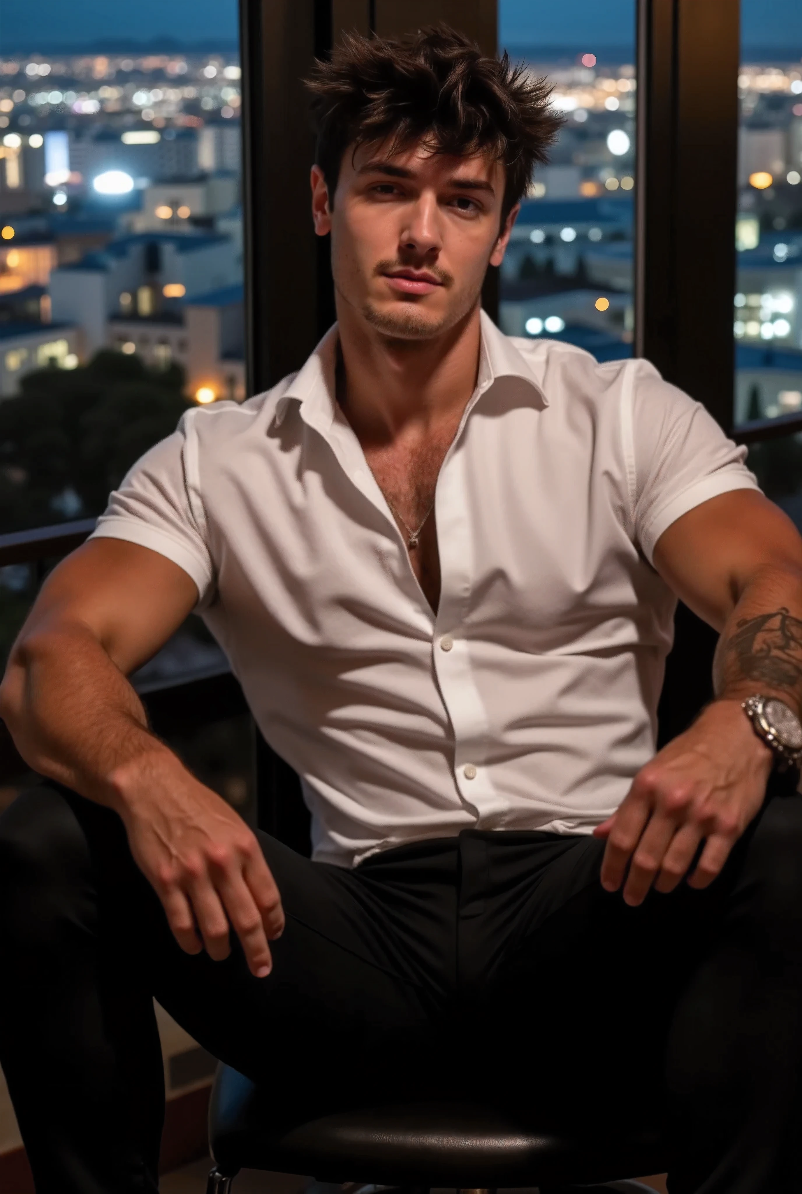 Bryce Hall. This photograph features Bryce Hall sitting in a dimly lit, upscale restaurant with a panoramic view of a cityscape at night. He has short, dark brown hair styled in a messy, tousled manner. He has a muscular, athletic build with a defined chest and arms. He is wearing a crisp, white button-up shirt, the fabric is tight across his chest and shoulders.