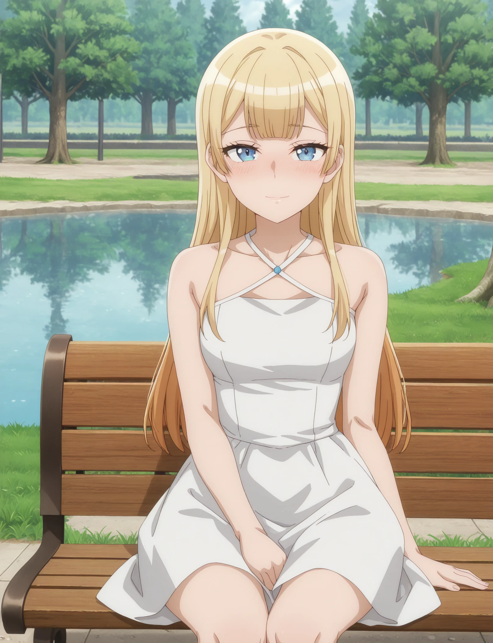 masterpiece, best quality, newest, absurdres, highres, anime screencap, 1girl, solo, <lora:MLF-Sif_ILL_epoch_12:1> sif-mlf, long hair, blonde hair, blue eyes, 
white dress, shy, outdoors, tree, grass, park, bare shoulders, looking at viewer, light smile, pond, park bench, sitting,