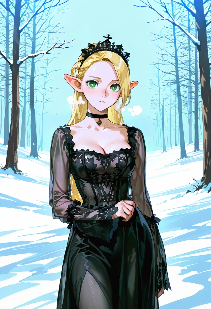 1girl,solo,looking at viewer,ikeda ruriko,sg dress, see-though, choker,black dress, crown, marcille_donato,snow,