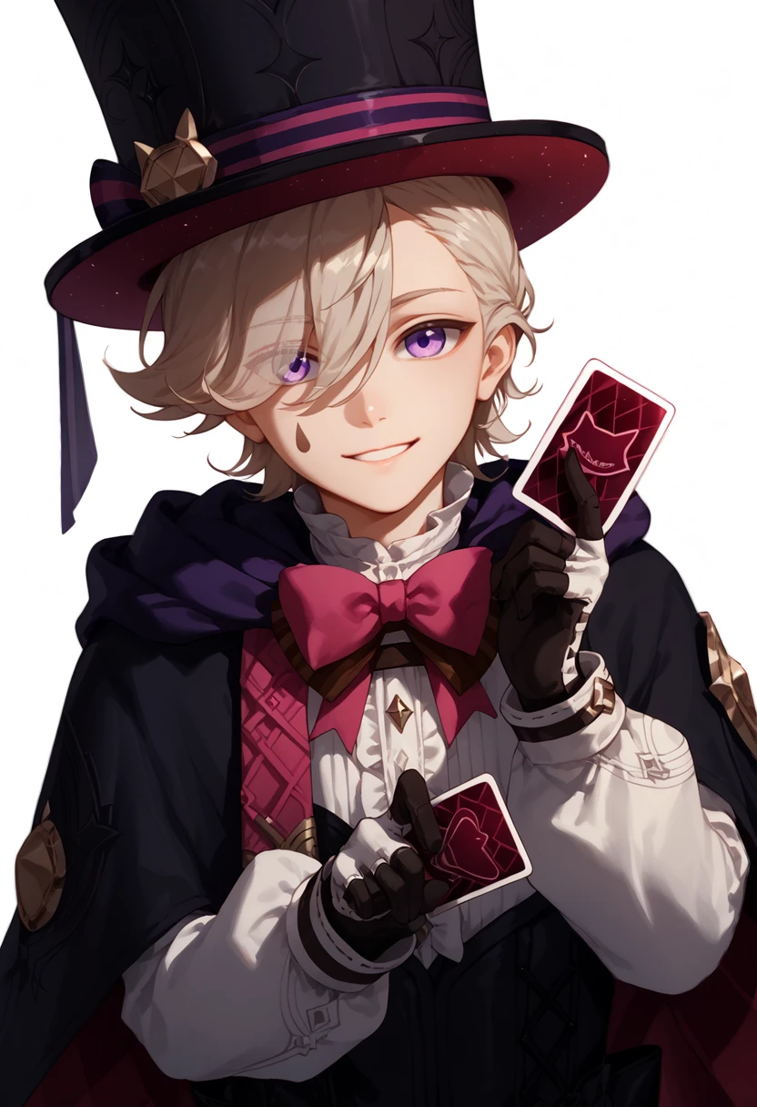 score_9, score_8_up, score_7_up, score_6_up, score_5_up, score_4_up, masterpiece, ultra-detailed, high resolution,

lyney, hat, 1boy, male focus, card, gloves, holding, solo, purple eyes, holding card, smile, black gloves, looking at viewer, white background, top hat, playing card, diamond (shape), cape, eyes visible through hair, simple background, upper body, long sleeves, hair over one eye