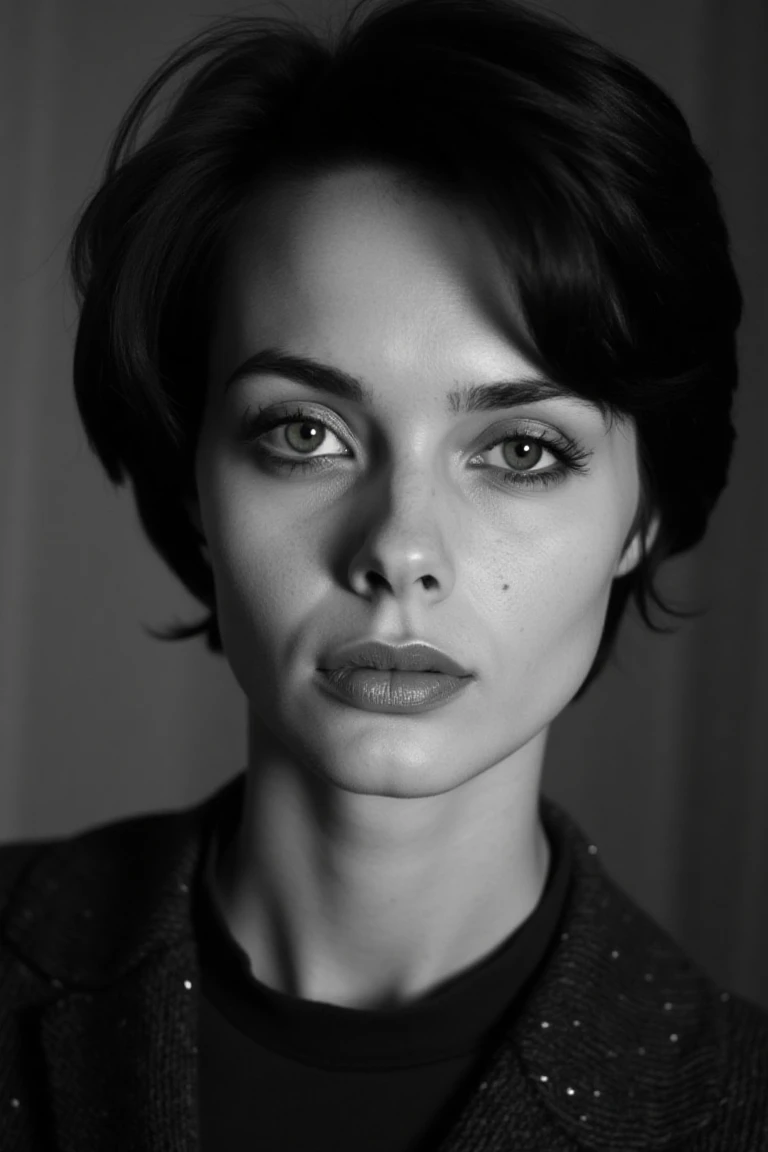 A black and white portrait of izaflx, inspired by Peter Lindbergh, features a short haired, green eyed woman looking directly into the camera with an intimate, emotionally vulnerable expression. Soft lighting accentuates her face's lines, textures, and natural imperfections, with no makeup, relaxed lips, and eyes conveying depth, strength, and fragility. Her skin texture is faithfully captured, with small imperfections, showcasing real beauty without touch-ups or filters. The simple, out-of-focus background and minimal depth of field create a raw, emotional environment, conveying humanity, authenticity, and emotional connection, with the woman appearing strong yet accessible.