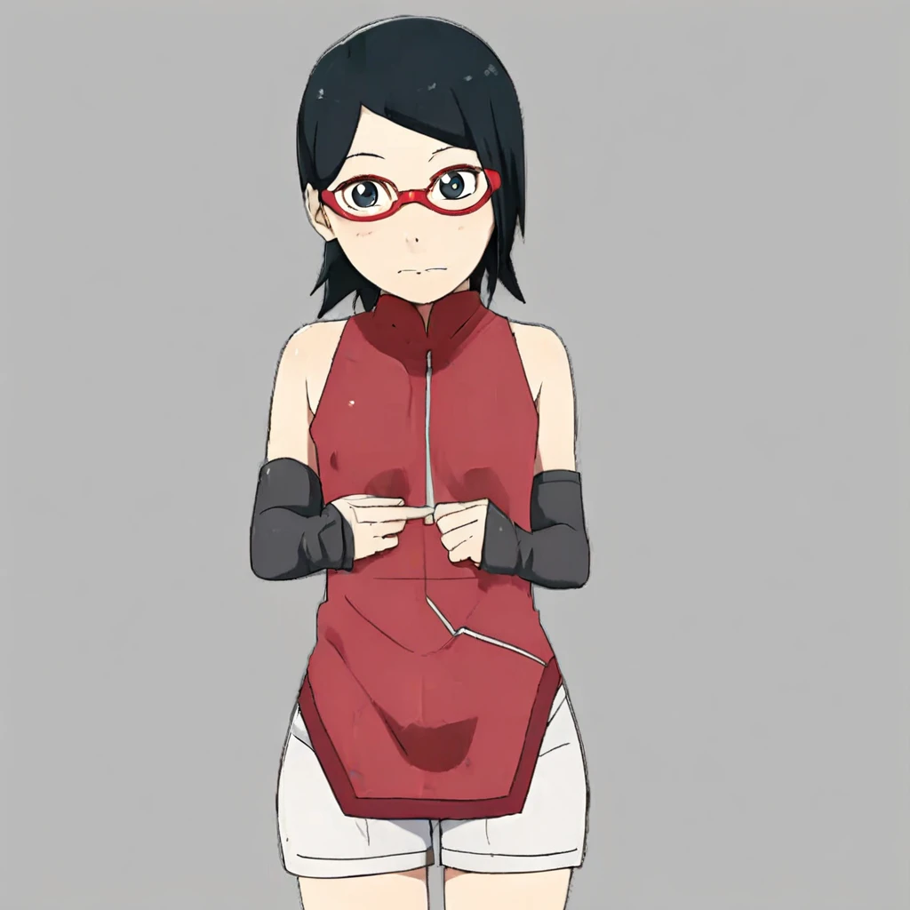 white shorts, dark red dress, elbow-length gloves, glasses, red-framed glasses, Konohagakure symbol, Sarada Uchiha, flat chest, headband, black eyes, sleeveless, forehead protector, black hair, thigh-high pouch, black thigh-high stockings, short hair, black ninja sandals