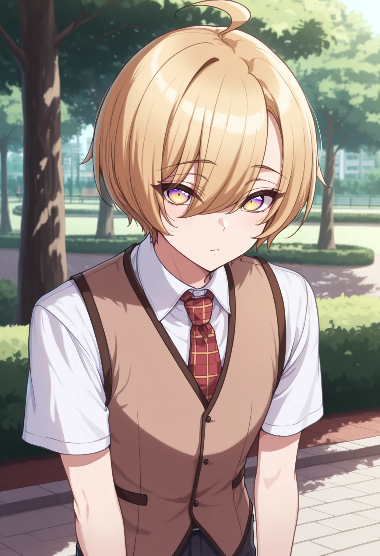 masterpiece, best quality, <lora:NSIzumiSenaLoveStage:1>,1boy, NSIzumiMisc, multicolored eyes, yellow eyes, purple eyes, blonde hair, long bangs, short hair, ahoge, brown vest, white collared shirt, short sleeves, red necktie, checkered necktie, outdoors, park, looking at the viewer