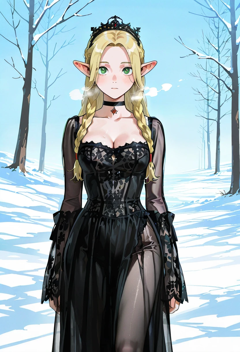 1girl,solo,looking at viewer,ikeda ruriko,sg dress, see-though, choker,black dress, crown, marcille_donato,snow,