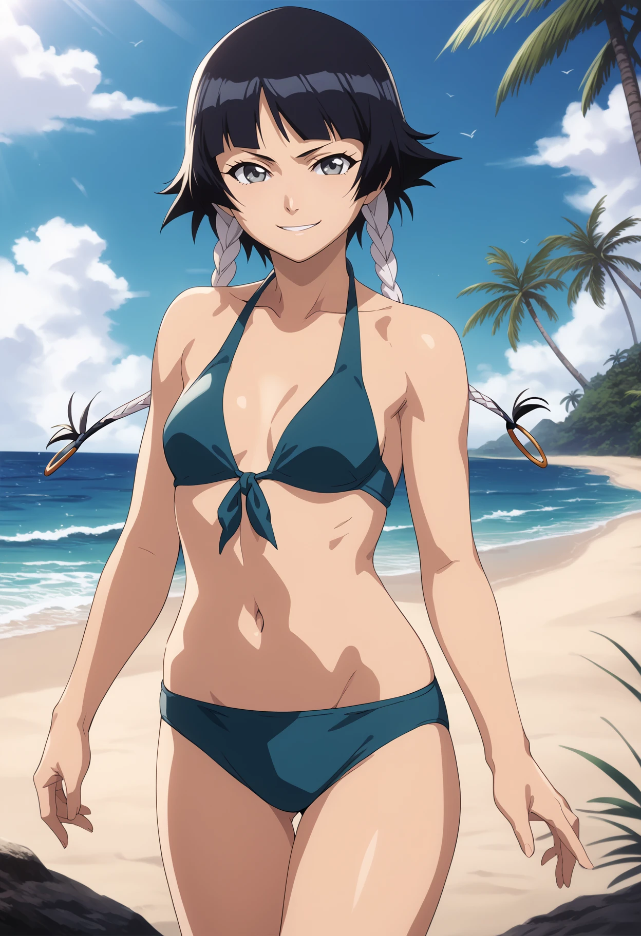 (hinata\(boruto\), (high quality, upper body view only, anime, tall woman, perfect hand anatomy, red bikini, off-shoulders, little biceps, long belly, smile), ((triceps)), (medium-big breasts), closed mouth), (posing for the viewer), ((floating hair, dark blue, short hair, hime cut، loose hair), (location: anime drawn desert, windy afternoon),