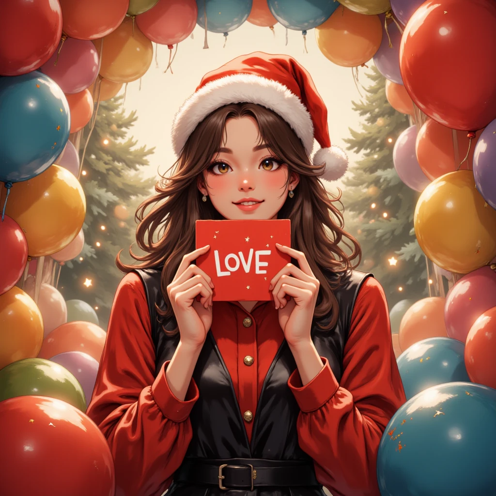 photo,photography,realistic photo,sd,A high-definition, HDR motion-captured photo with a vintage film aesthetic, bathed in warm tones and captured from a dynamic angle. The foreground bursts with an array of colorful balloons, through which a mid-shot frames a close-up portrait of a young woman. She wears a Santa hat and an elegant, long-sleeved black and red dress. Her hand holds a red love card adorned with sparkling stars close to her face. The background is adorned with festive Christmas decorations, including twinkling Christmas trees and lights. Her long, fluffy hair cascades around her joyful smile, surrounded by a sea of vibrant balloons, enhancing the celebratory atmosphere.