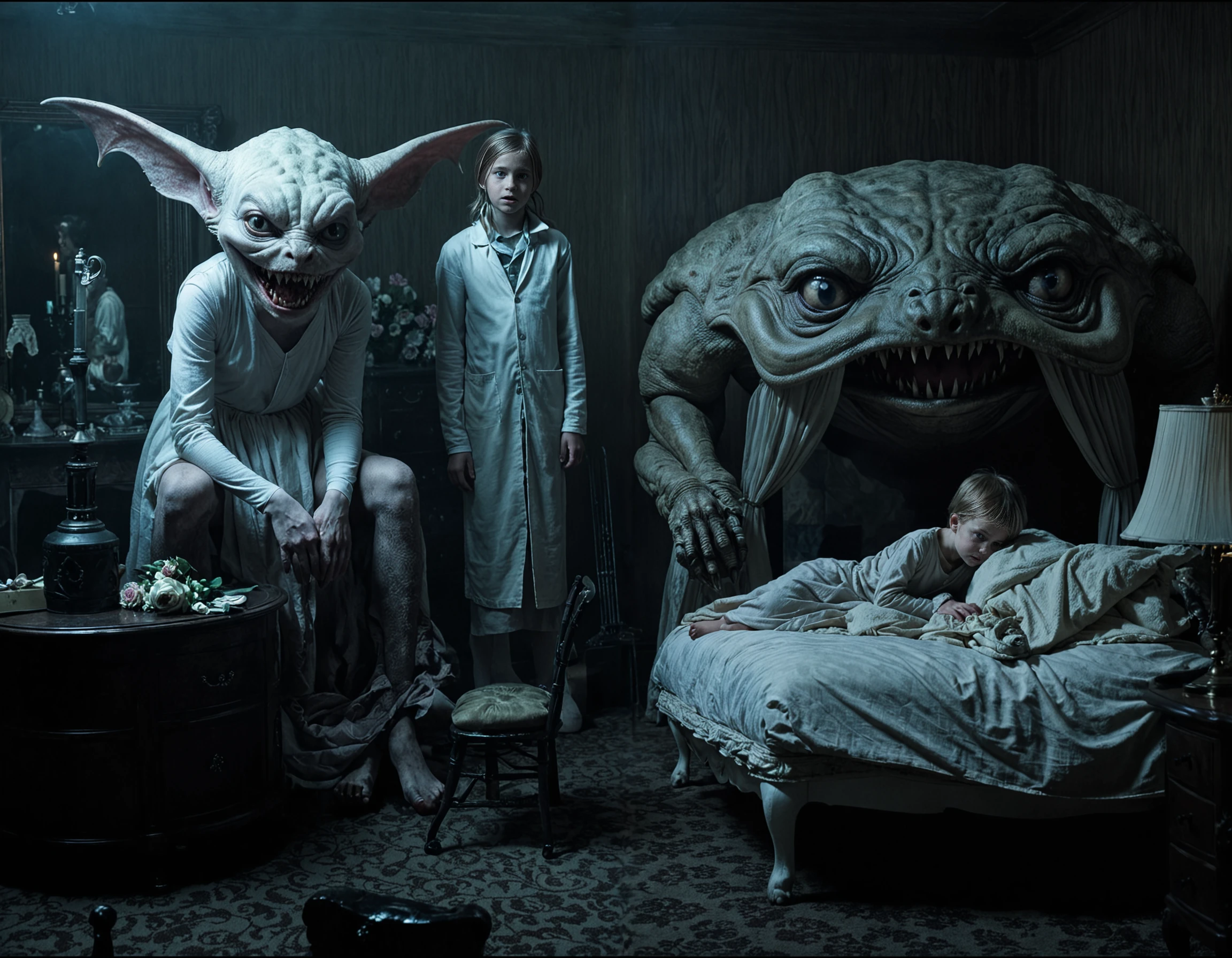 vision of a nightmare in the night,  winning award  photography  in a dark and eerie bedroom scene with three characters. On the left side of the image, there is a large, menacing creature with large, pointed ears and sharp teeth. The creature is wearing a white robe and is sitting on a chair with its legs crossed. Next to it, there are two young girls, one standing and the other sitting on the bed. The girl standing is looking at the creature with a serious expression. a little boy is sleeping on the bed . standing behind the bed is an enormous toad-like creature with huge arms, an open mouth and long, sharp teeth. . A lamp is placed on the nightstand next to the bed, and a small table with a vase of flowers and other decorative items is visible in the background. The room appears to be dimly lit, with a chandelier hanging from the ceiling and a mirror on the wall. The overall mood of the scene is eerie and foreboding.