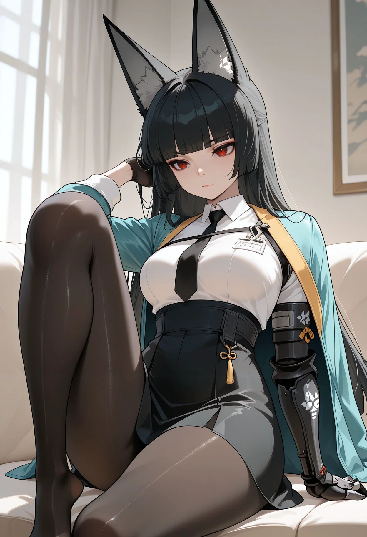 masterpiece,best quality,amazing quality,sharp details, vivid color <lora:miyabi_zzz _ilxl_goofy:1>  miyabizzz, 1girl, animal ear fluff, animal ears, aqua jacket, black gloves, black hair, black necktie, black pantyhose, black skirt,single gauntlet, blunt bangs, breasts, closed mouth, fox ears, fox girl, gloves, high-waist skirt, jacket, knee up, leg up, long hair, medium breasts, necktie, no shoes, pantyhose, red eyes, shirt, sitting, skirt, solo, white shirt