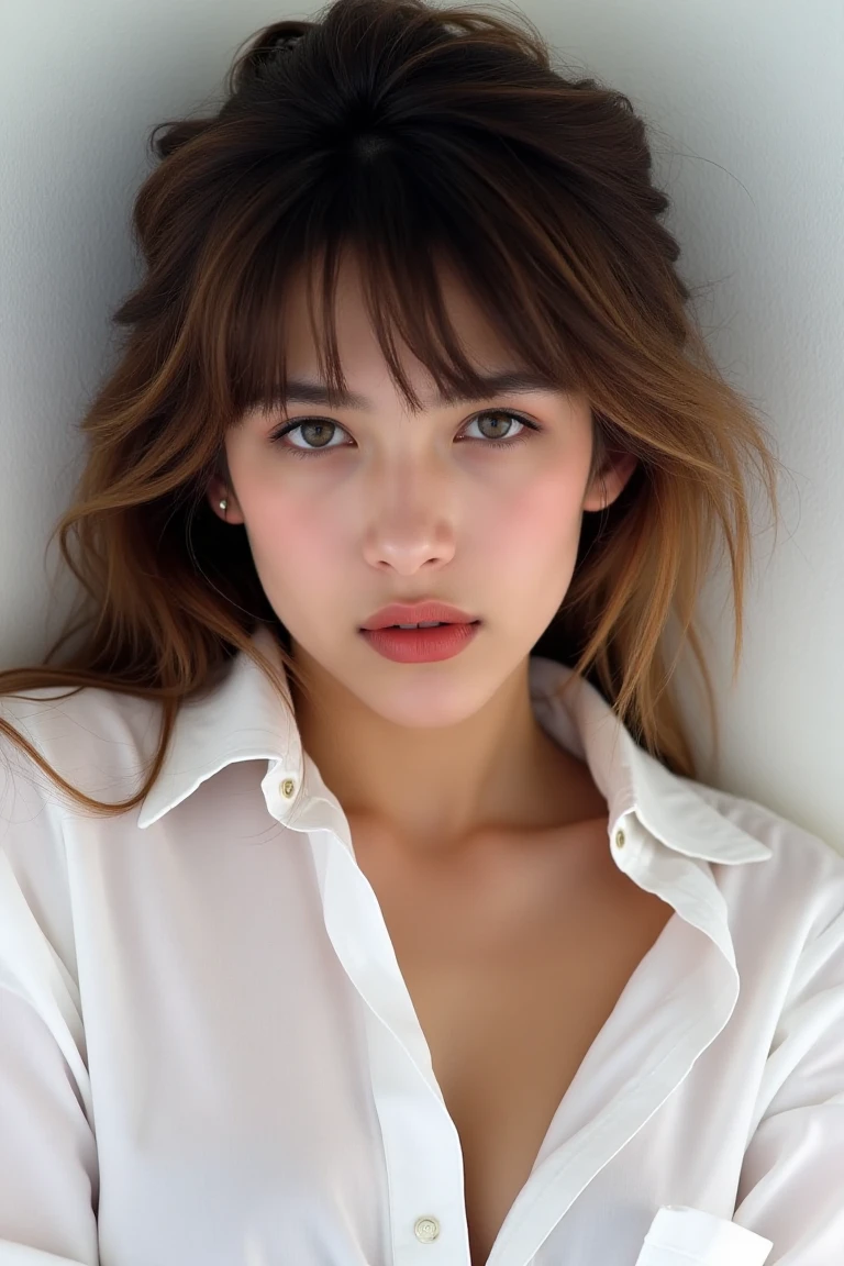 High quality realistic beauty shot of kavyatflx. A close-up shot of a woman. She is wearing a loose white shirt. Her lips are light red color. Her hair is volumnous. The backdrop is a white wall.