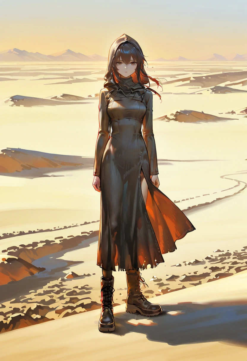 1girl,solo,looking at viewer,ikeda ruriko, desert,ehm dress, hood, boots, texas_(arknights)