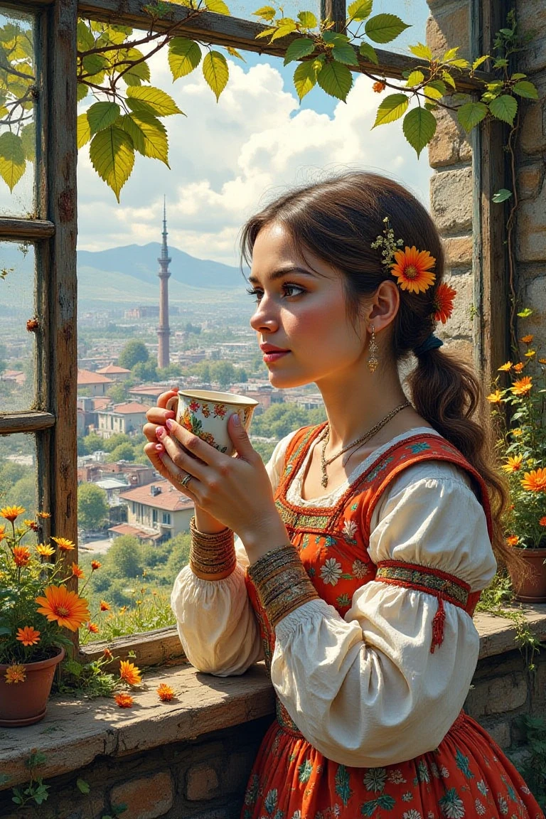 vintage art, A serene watercolor painting, from Fedya's imagination, captures a close-up portrait of a young woman dressed in a Bulgarian folk costume, sipping tea from a delicate cup. She enjoys the view of vibrant green leaves framed by a minimalist glass window, allowing the warm sunlight to filter through and cast a gentle glow on her delicate features. The intricate details of the leaves and the woman's face are highlighted by this golden light. The backdrop reveals a harmonious blend of nature and modern architecture, with towering structures peeking through the greenery. The overall atmosphere evokes a sense of calm and unity between the natural world and the urban environment, which makes this picture a true work of art, painting, illustration and the beauty of Bulgaria.
