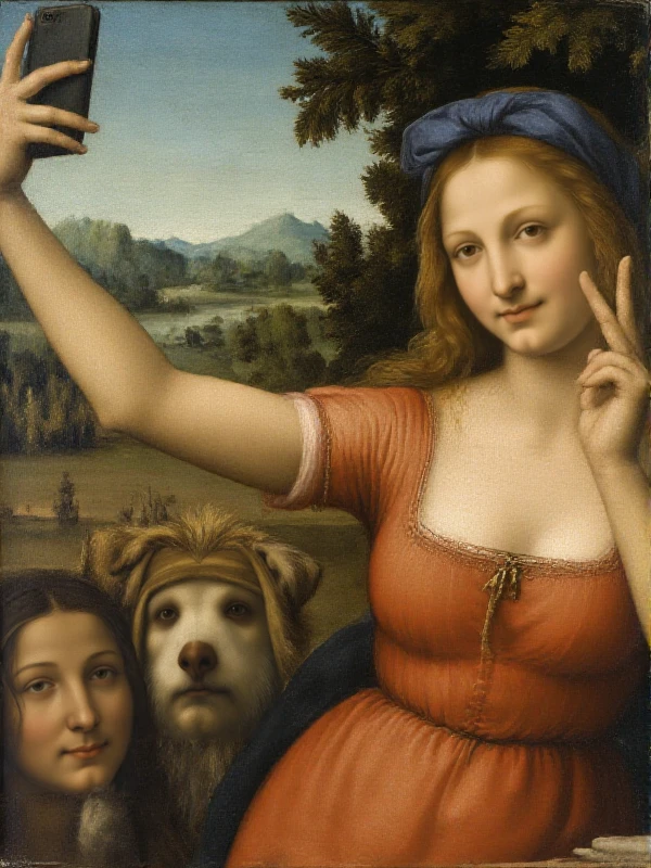 <lora:Renaissance Style:0.9> renaissance style painting of a woman marking a peace sign while taking a selfie with an iphone on a selfie stick