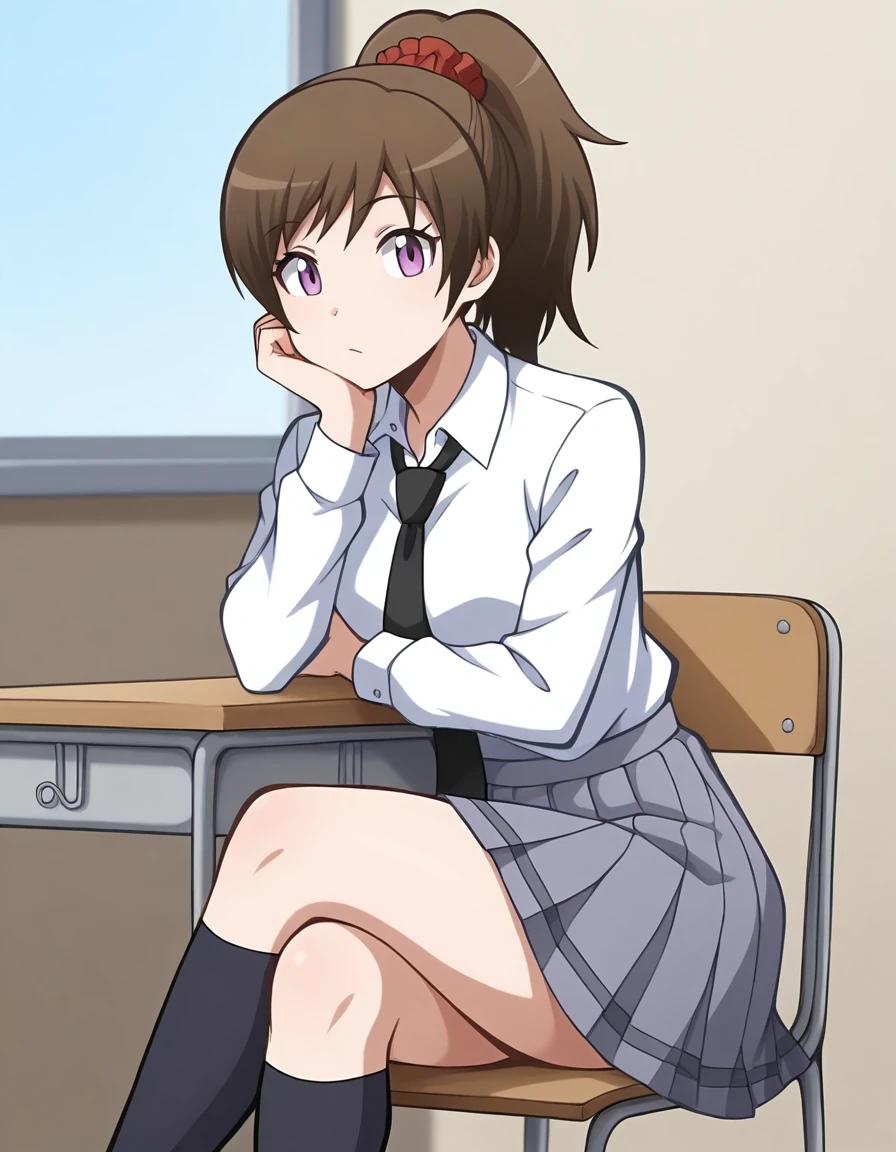 masterpiece, best quality, 1girl, <lora:Toka_Yada_IL_v2:1>, yadatoka, brown hair, high ponytail, purple eyes, red scrunchie, tokaschool, white shirt, collared shirt, long sleeves, necktie, grey skirt, pleated skirt, kneehighs, looking at viewer, sitting, crossed legs, hand on own chin, head rest, elbow rest, chair, school desk, classroom