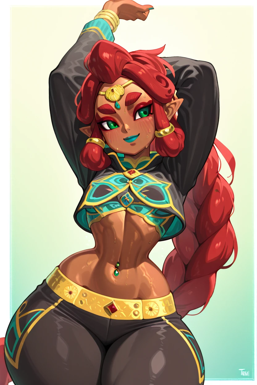 masterpiece, best quality,    1girl, arms up, black leggings, blue lips, blush, border, braid, closed mouth, cowboy shot, cropped jacket, dark-skinned female, dark skin, gradient background, green background, green eyes, leggings, lips, long hair, long sleeves, looking to the side, narrow waist, navel, navel piercing, nintendo, piercing, pointy ears, red hair, riju, smile, solo, sportswear, standing, sweat, the legend of zelda, the legend of zelda: breath of the wild, thick eyebrows, thick thighs, thighs, very long hair, white border, wide hips, breasts, looking at viewer, jacket, midriff, pants, stomach, nail polish, black jacket, crop top, groin, single braid, makeup, black pants, lipstick, braided ponytail, stretching, tights,  ,<lora:TangobatIXL_v1:1.0>,  ,<lora:RijuTotK_IXL_v3:0.8>,