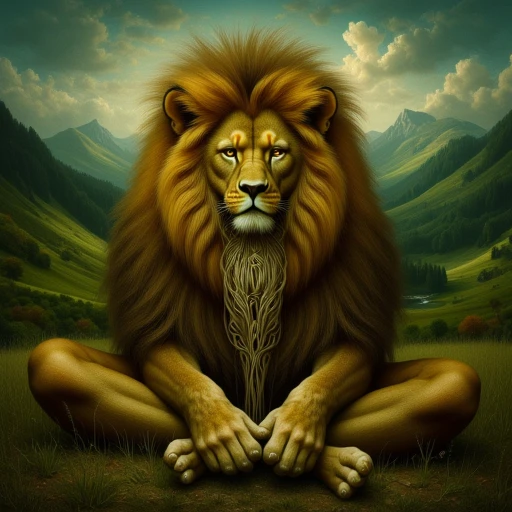 fluffy mane. The lion's expression is serene and powerful, green landscape beyond. The face is framed by intricate, dreamlike scene. The central figure is a human face emerging from a surreal landscape, giving her a serene expression. She has intricate, yellows, sitting cross-legged with his hands resting on his knees., extending down into the ground. The face's expression is somber, with her hair cascading down like a waterfall. The woman's face is serene