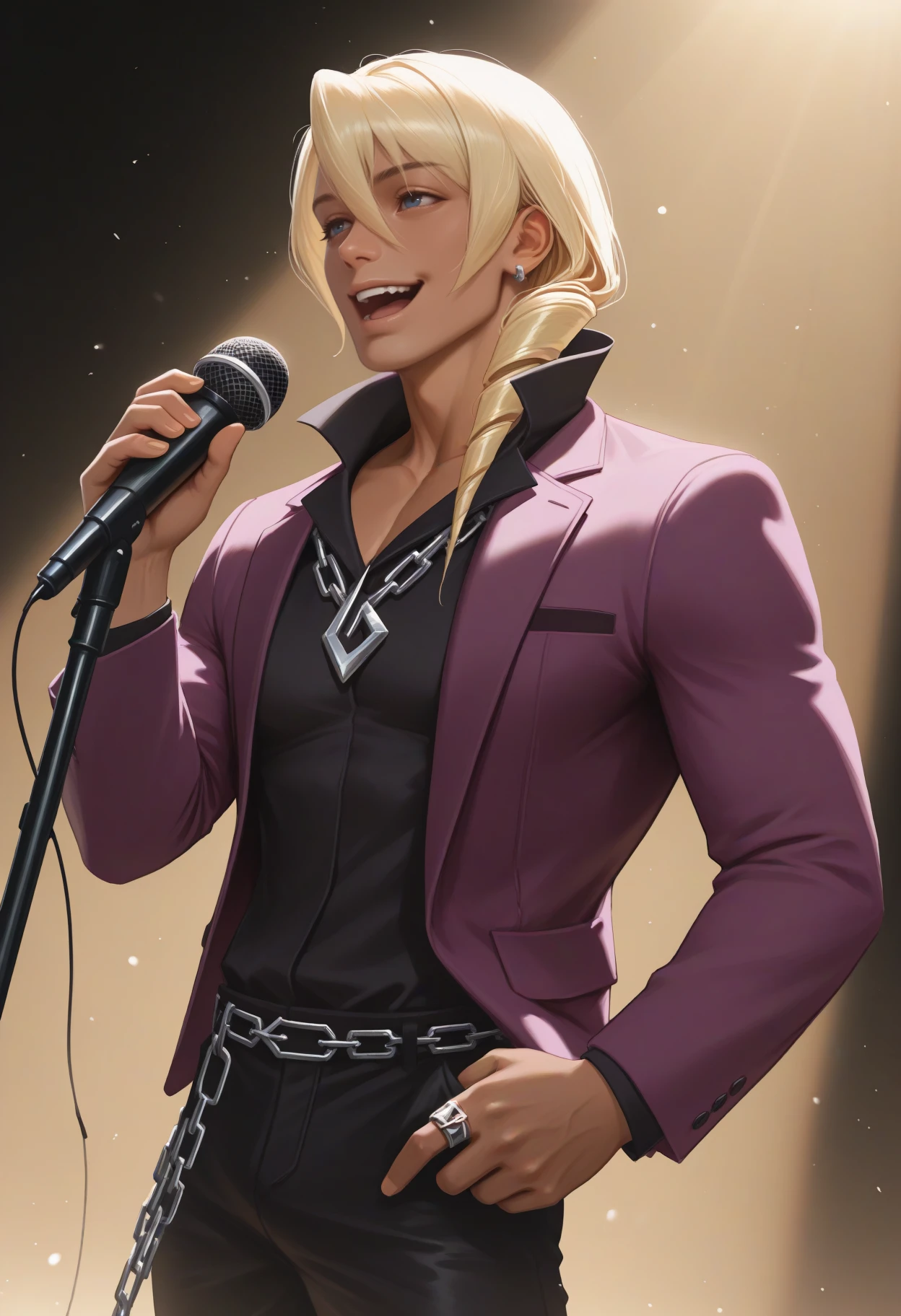 masterpiece, best quality, realistic, male focus, solo, 1boy, klvgv, dark-skinned male, smile, open mouth, teeth, looking away, standing, singing, holding microphone stand, blonde hair, hair between eyes, drill hair, hair over shoulder, blue eyes, purple jacket, open jacket, long sleeves, black shirt, collared shirt, popped collar, black pants, belt, earrings, chain necklace, ring, stage, spotlight
<segment:yolo-Anzhc Face seg 640 v2 y8n.pt,0.4,0.5//cid=1>