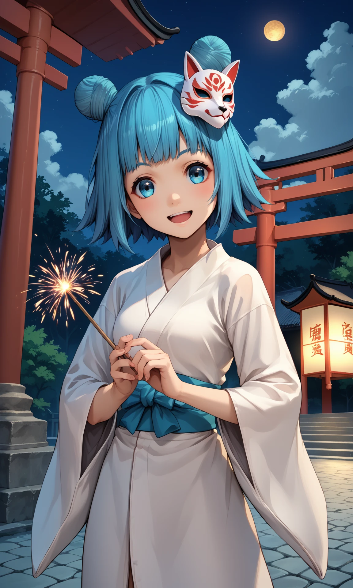 score_9, score_8_up, score_7_up, source_anime,  jovixd, 1girl, solo, blue hair, blue eyes, short hair, double bun, white yukata, floral print, outdoors, night, torii gate, holding sparkler, fox mask, mask on head, japanese architecture, cowboy shot, looking at viewer, smile, open mouth, head tilt