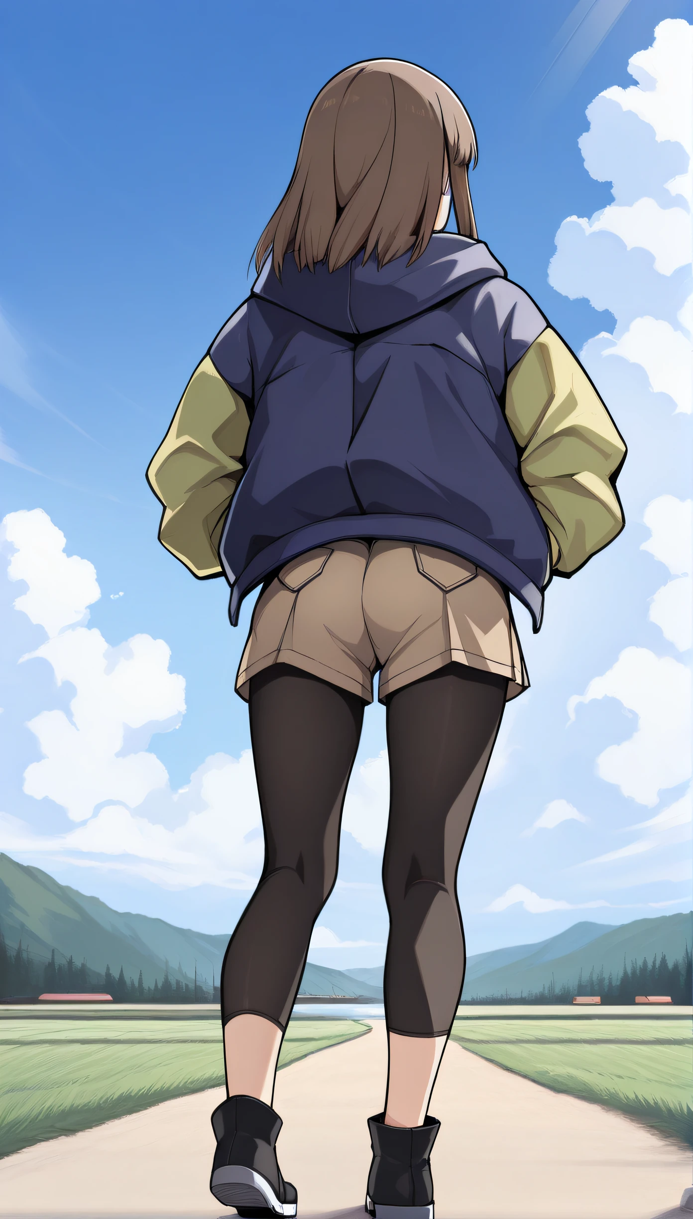 masterpiece, best quality, highres, newest, scenary, 1girl, solo, official style, <lora:IL_Kinosaki_Arisa:1>, kinosakiarisa, jacket, brown shorts, bike leggings, black footwear, full body, outdoor, blue sky, clouds, from behind, hands on pockets, sun