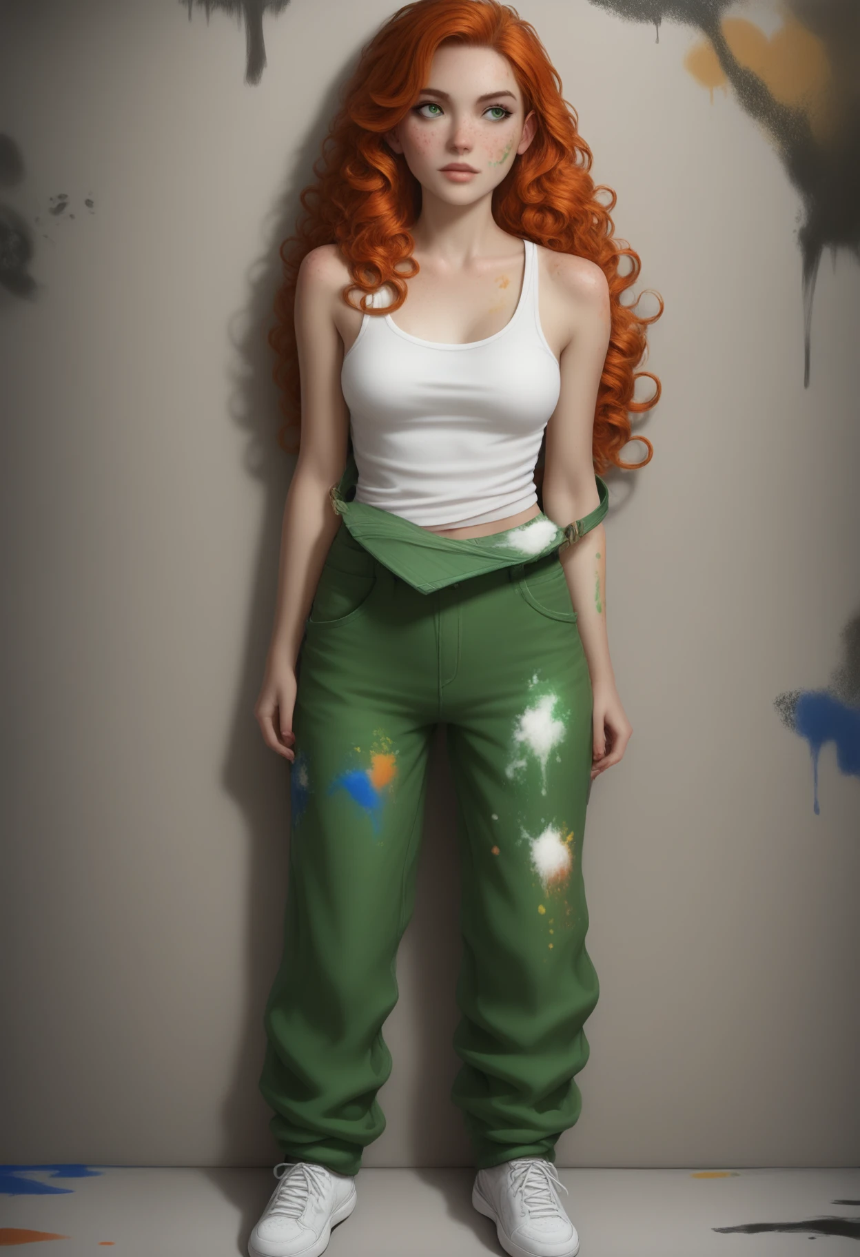 ((masterpiece, best quality, absurdres)),
1girl, solo, green overalls, white tank top, white sneakers, paint splatter on clothes, artist painter, wall, paint,
 <lora:Dark_Erin_Illust_v1:0.7> d4rk3r1n, orange hair, green eyes,