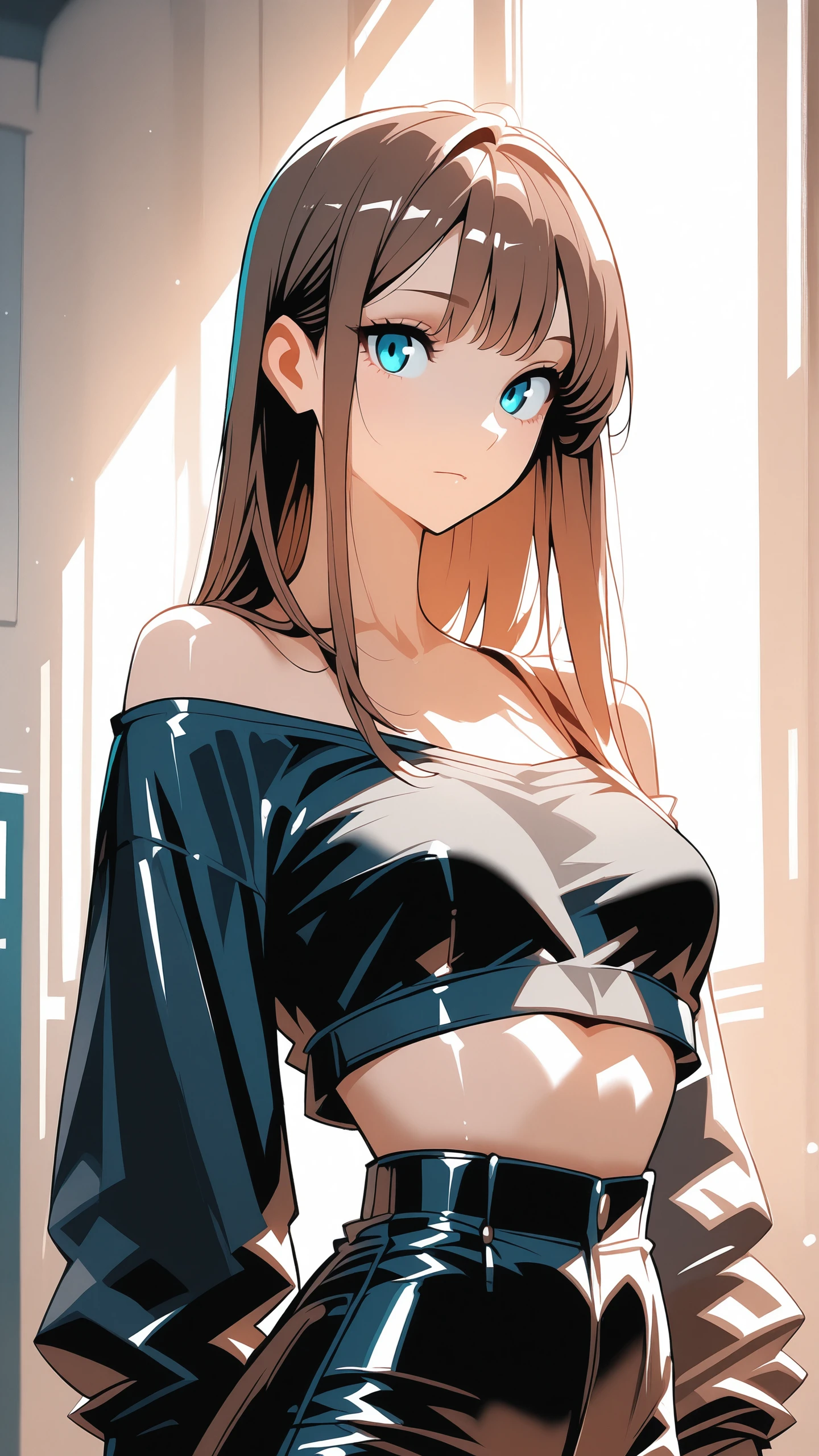 detailed eyes <lora:reij-dq:1>, a woman, black crop top, one side off the shoulder,  sexy sporty, bare midriff, highwaist jeansskirt, long hair, straight hair, brown hair, blue eyes,