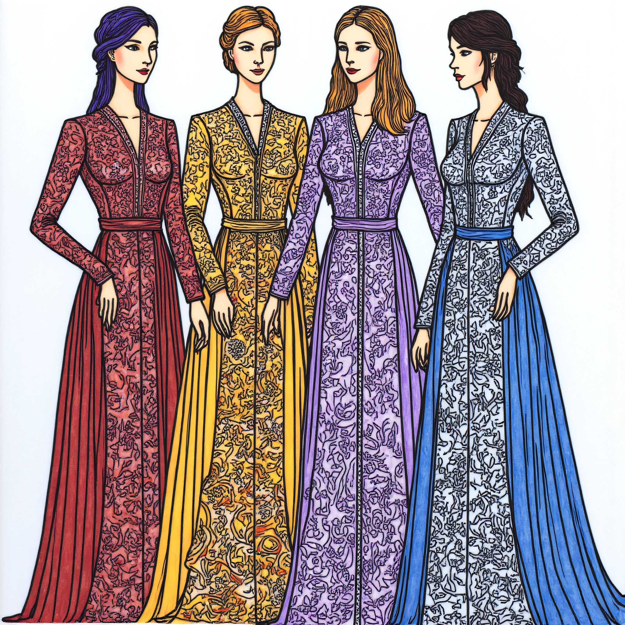 ArsMJStyle, Moonlit Minimalism, four women representing the seasons, each dressed in richly detailed garments. They stand intertwined with the natural elements of their seasons spring blossoms, summer sunflowers, autumn leaves, and winter snowflakes.