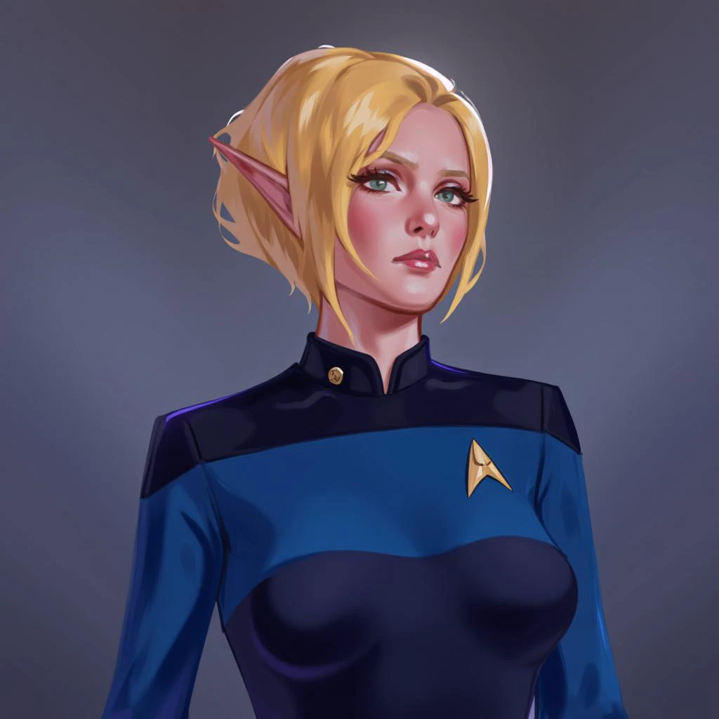 "MisaMi \(Artist\), @MisaMi1362540, illustration of a woman with blonde hair, wearing a blue and black Starfleet uniform with a gold Star Fleet com-badge on the chest. She is standing in a well lit room.  The woman has a serious expression and is looking directly at the camera. The image has a high-quality, professional feel. 