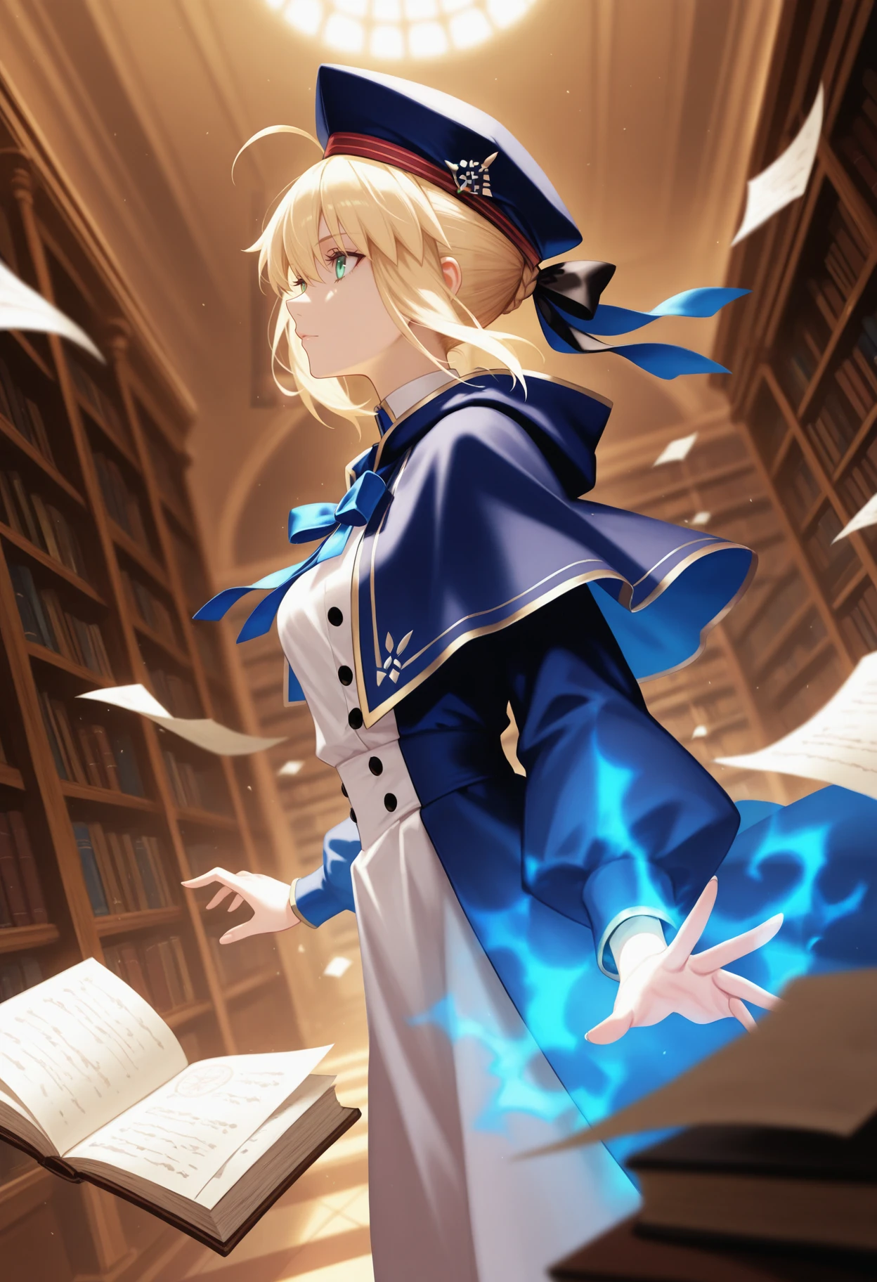 masterpiece, best quality, 2.5D,  
<lora:telekenesis [IL]:0.9> telekenesis, library, floating books, paper, floating pens, sits, aura, top half body, from side, from front, from top, dynamic angle, 
artoria_caster_(fate), fate_(series), 1girl, blonde_hair, green_eyes, solo, tied hair, black hat, dark blue ribbon, white dress, dark blue robe, crystals