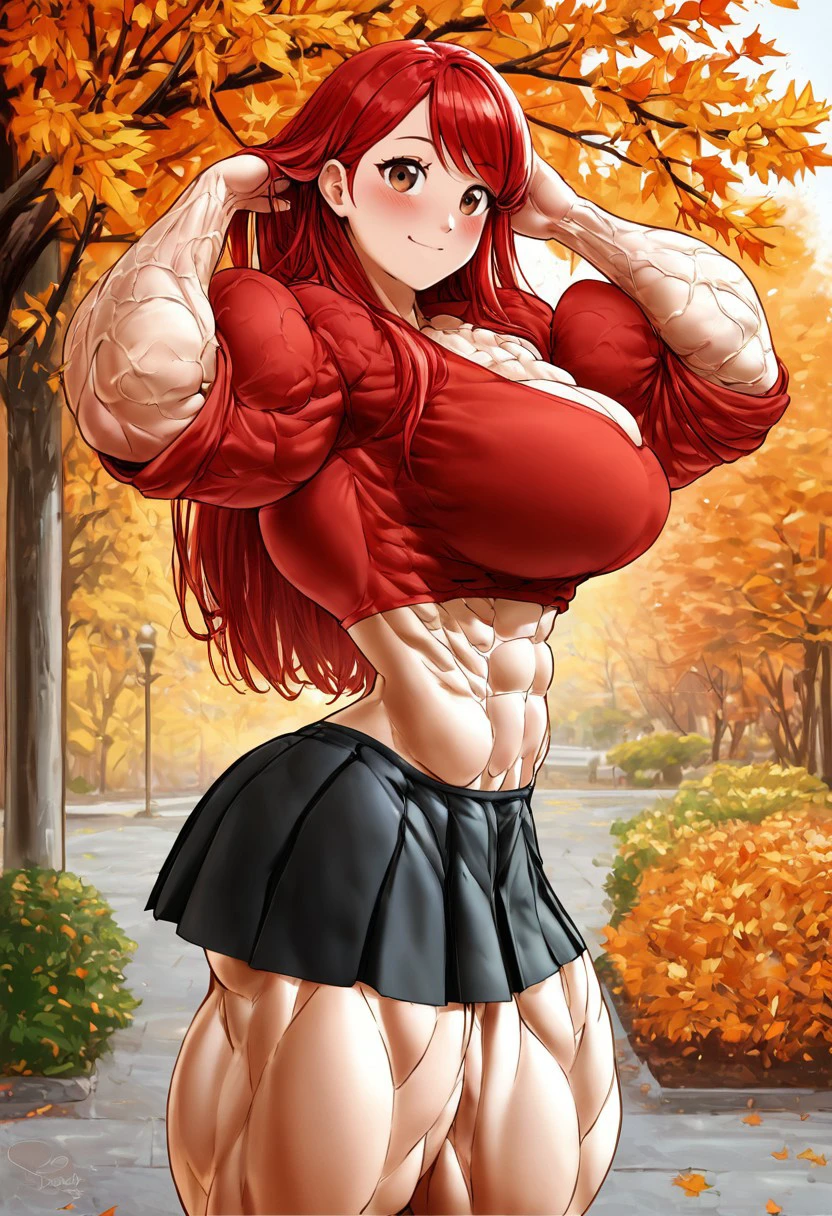 a woman with red hair, curvy, busty, muscular, abs, most strongest pose
