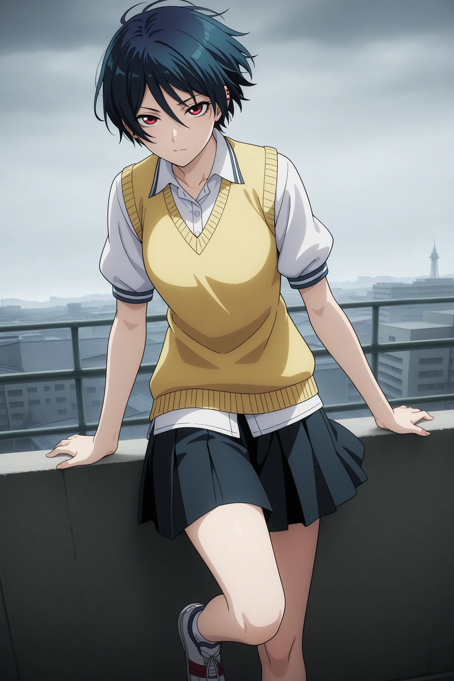 masterpiece, best quality, amazing quality, highres, absurdres, very aesthetic, high resolution, ultra detailed, perfect details, 1girl, solo, outdoors, school, rooftop, (overcast:1.4), kanoe kirie, short hair, blue hair, hair between eyes, red eyes, ear piercing, school uniform, white shirt, collared shirt, yellow sweater vest, untucked shirt, puffy sleeves, short sleeves, black skirt, pleated skirt, red-white footwear, sneakers, <lora:Kirie_Kanoe_ILXL:0.8>, (aged up:1.5), (foot out of frame:1.5), (vignetting:1.4), pose, (wind:1.3), (floating hair:1.3), against railing,