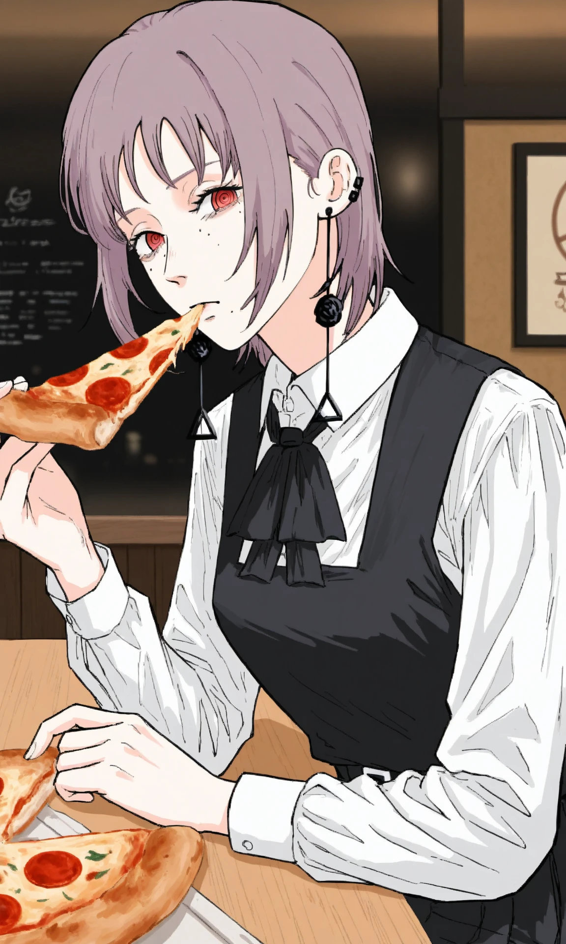 fami \(chainsaw man\), 1girl, short hair, red eyes, purple hair, tassel earrings, ringed eyes, goodearrings, ear piercing, pinafore dress, school uniform, collared shirt, neck ribbon, sleeveless dress, restaurant, sitting, from side, table, pizza, interior, looking to the side, looking at viewer, holding pizza, food in mouth, pizza slice, (skinny:0.5), (masterpiece, best quality, very awa:1.0), recent, year 2024