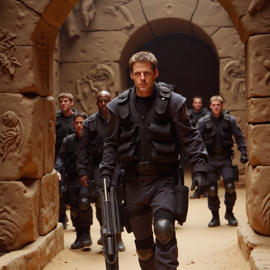 Cameron Mitchell in full battle gear, leading a team of SG-1 members through an ancient alien temple. The walls are adorned with intricate carvings depicting alien gods and myths. Mitchell is at the forefront, holding a weapon ready, with the team following closely behind.